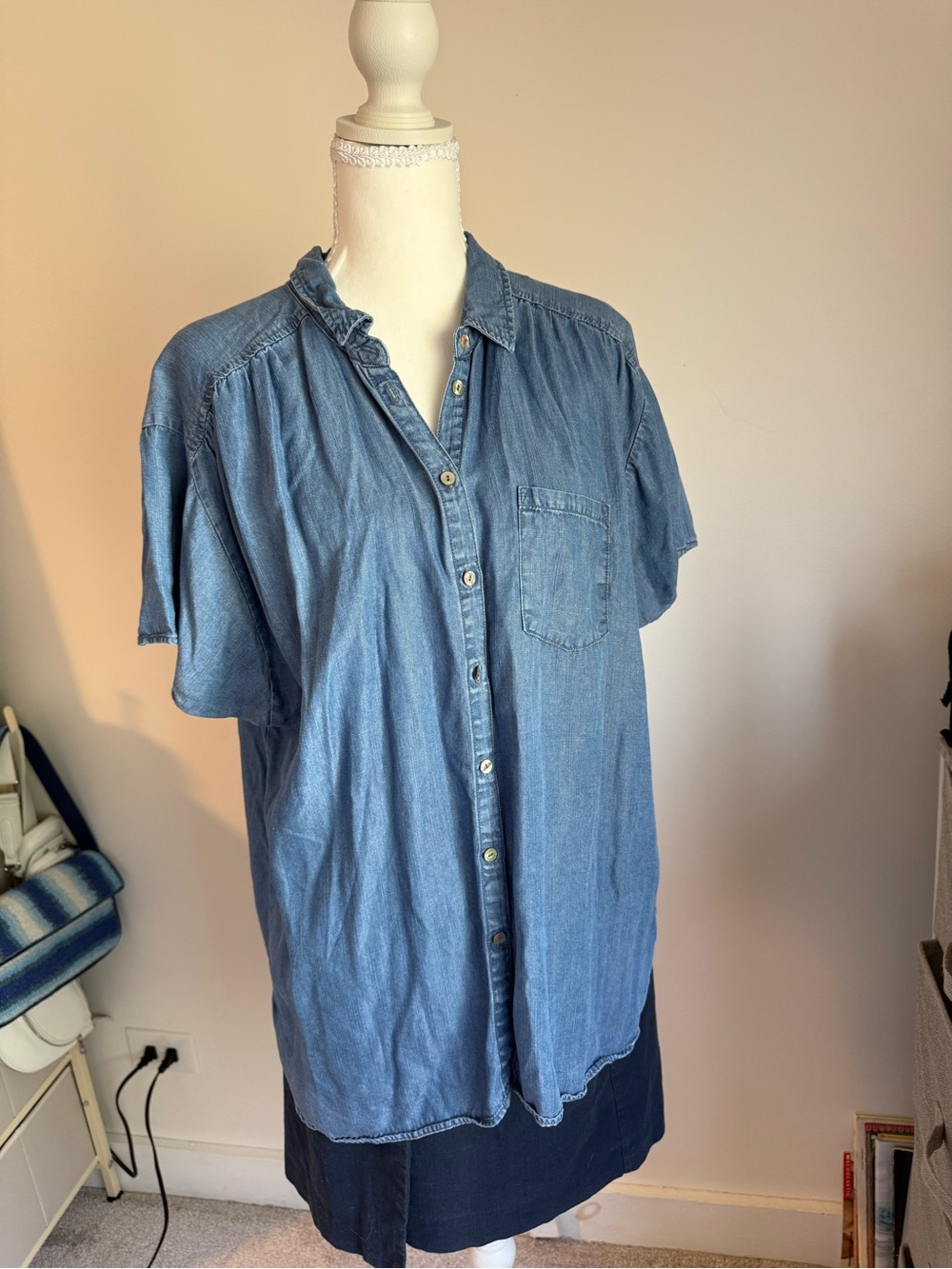 Womens L Hester & Orchard Light Blue Denim Button-Up Short Sleeve Shirt: Western